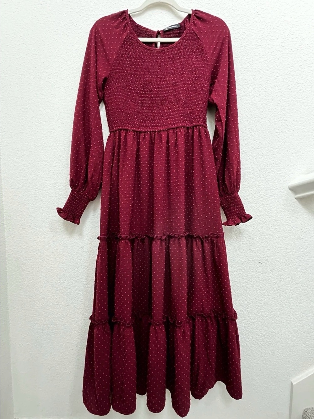 Smocked Bodice Burgundy Maxi Dress with Long Sleeves - Picture 2 of 9